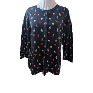 CHRISTOPHER & BANKS Cardigan Women's Size XL Sailboats Navy Nautical Blue SHIRT